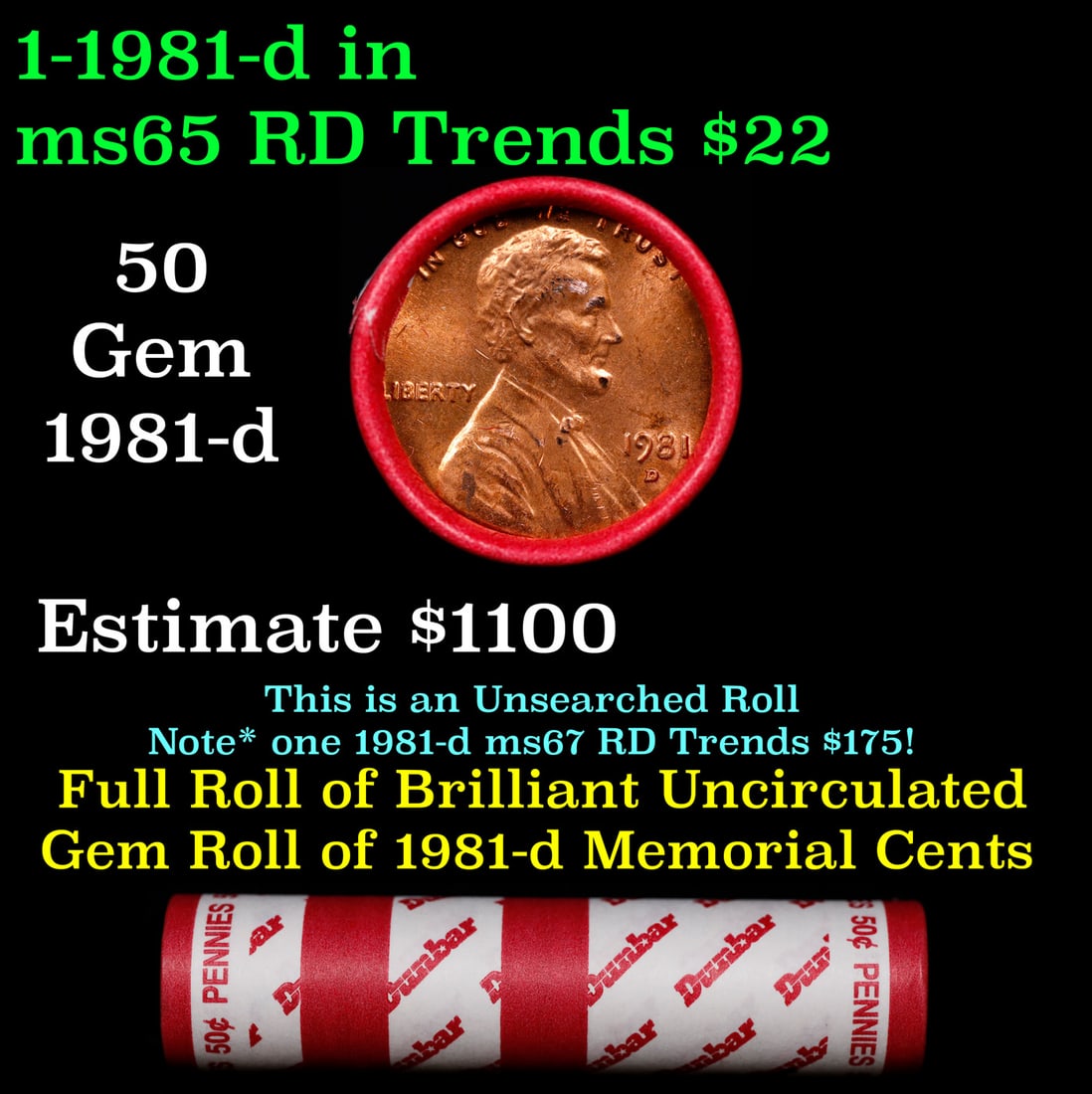 BU Shotgun Lincoln 1c roll, 1981-d 50 pcs Dunbar Wrapper 50c: BU Shotgun Lincoln 1c roll, 1981-d 50 pcs Dunbar Wrapper 50c. A terrific Shotgun roll of Lincoln cents in a Dunbar wrapper. Most if not all coins should be cherry red.