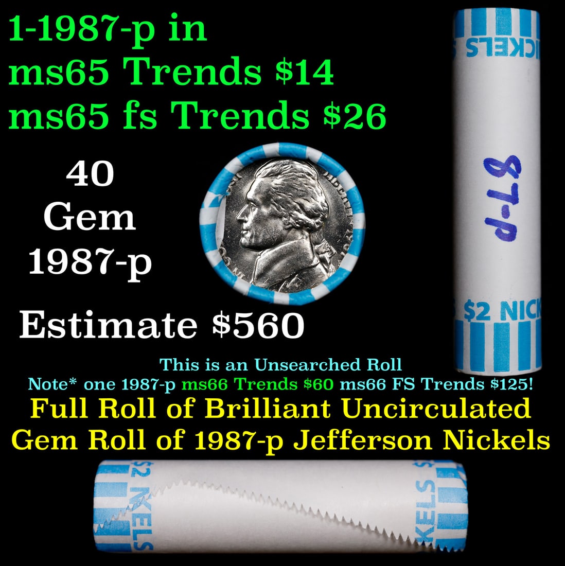 BU Shotgun Jefferson 5c roll, 1987-p 40 pcs Bank $2 Nickel Wrapper: BU Shotgun Jefferson 5c roll, 1987-p 40 pcs Bank $2 Nickel Wrapper.