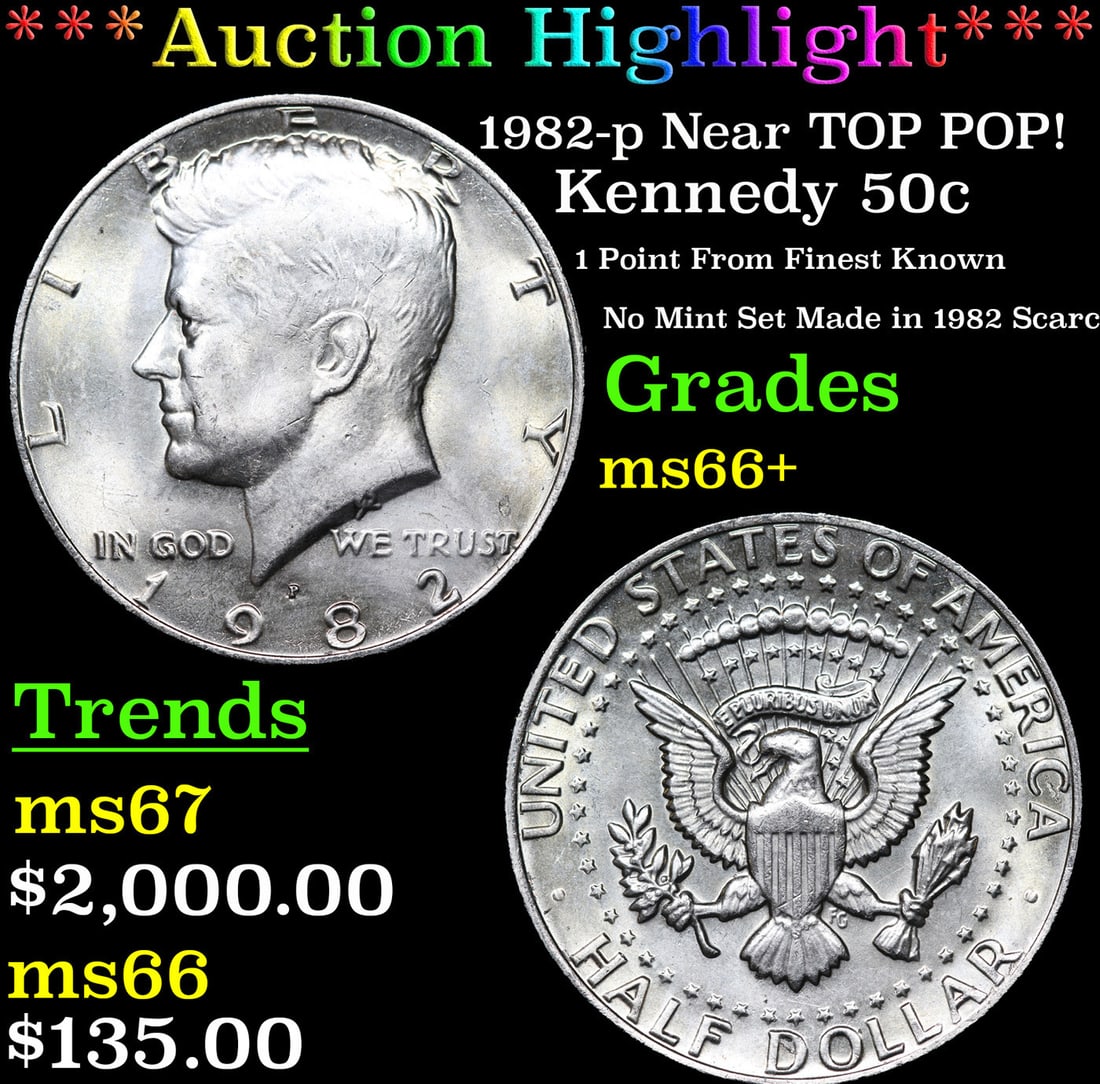 ***Auction Highlight*** 1982-p Kennedy Half Dollar Near TOP POP! 50c Graded ms66+ BY SEGS (fc) (1 of 3)
