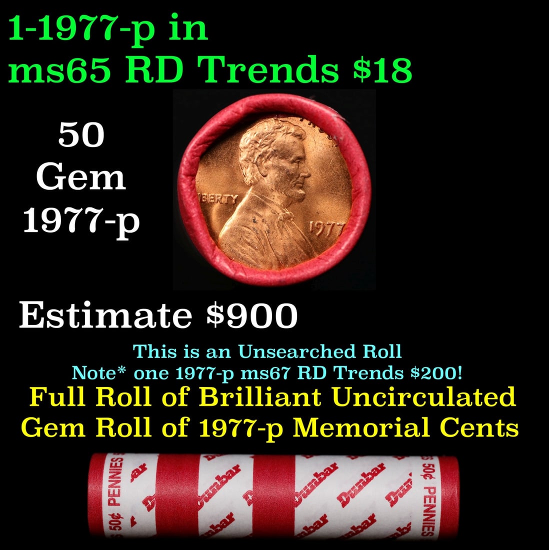 BU Shotgun Lincoln 1c roll, 1977-p 50 pcs Dunbar Wrapper 50c: BU Shotgun Lincoln 1c roll, 1977-p 50 pcs Dunbar Wrapper 50c. A terrific Shotgun roll of Lincoln cents in a Dunbar wrapper. Most if not all coins should be cherry red.