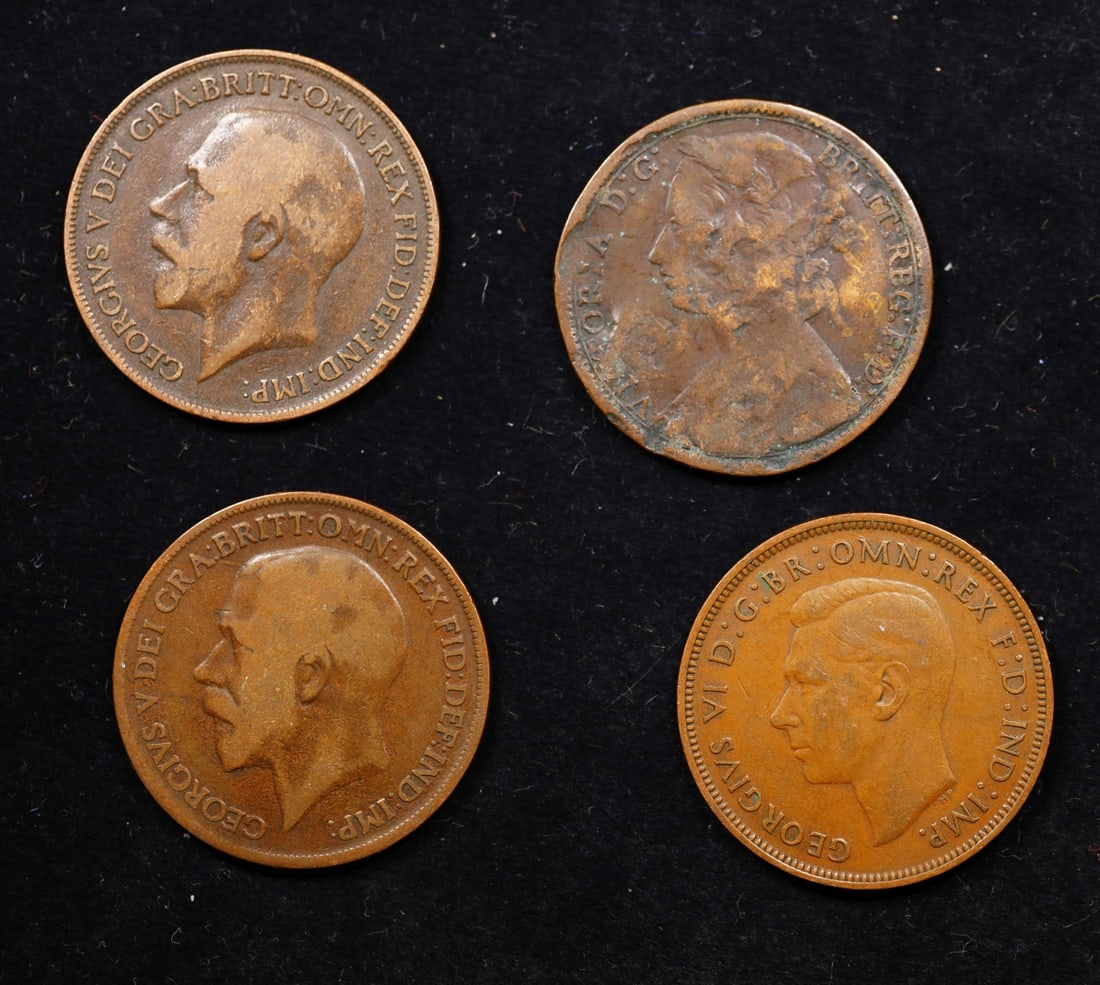 Group of 4 Coins, Great Britain Pennies, 1875, 1917, 1918, 1945 . (1 of 1)