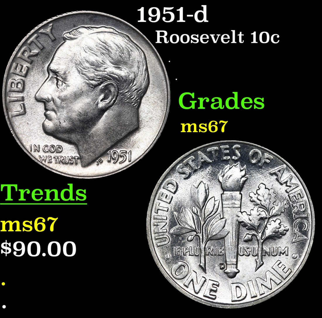 1951-d Roosevelt Dime 10c Grades GEM++ Unc (1 of 3)