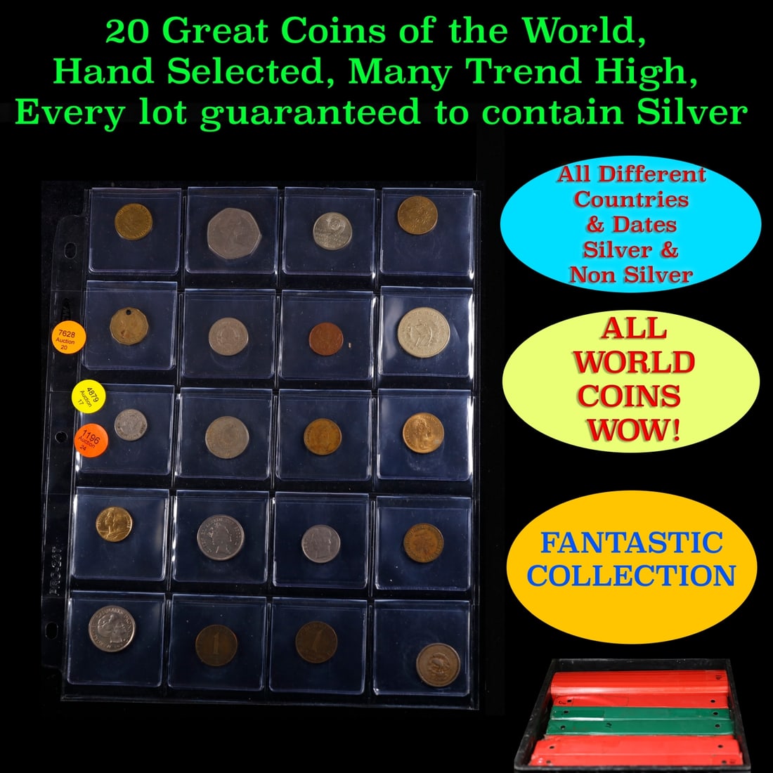 20 Great Coins of the World, hand selected, many trend high, every lot guaranteed to contain Silver.: 20 Great Coins of the World, hand selected, many trend high, every lot guaranteed to contain Silver.. We have received a huge collection of over 10 thousand US coins in flips, 2x2 holders, and 20 coin