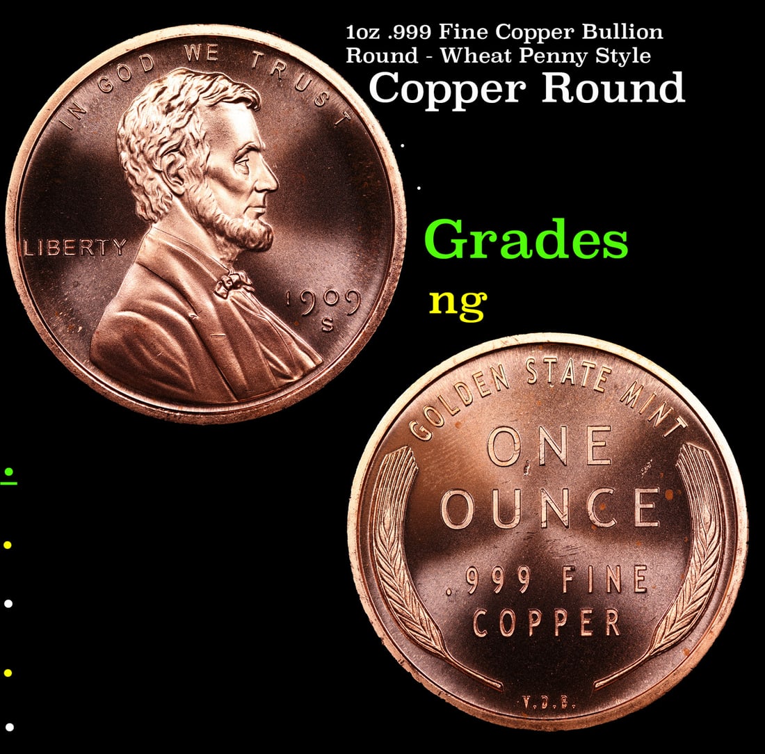 1oz .999 Fine Copper Bullion Round - Wheat Penny Style: 1oz .999 Fine Copper Bullion Round - Wheat Penny Style.