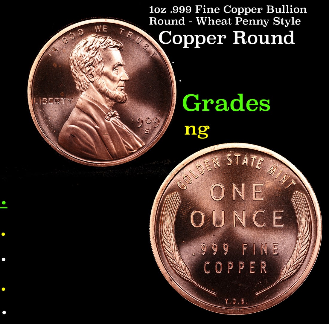 1oz .999 Fine Copper Bullion Round - Wheat Penny Style: 1oz .999 Fine Copper Bullion Round - Wheat Penny Style.