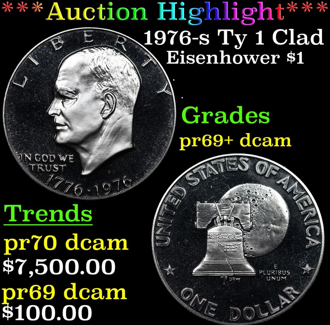 ***Auction Highlight*** 1976-s Ty 1 Clad Proof Eisenhower Dollar $1 GEM++ Proof Deep Cameo USCG (fc) (1 of 3)