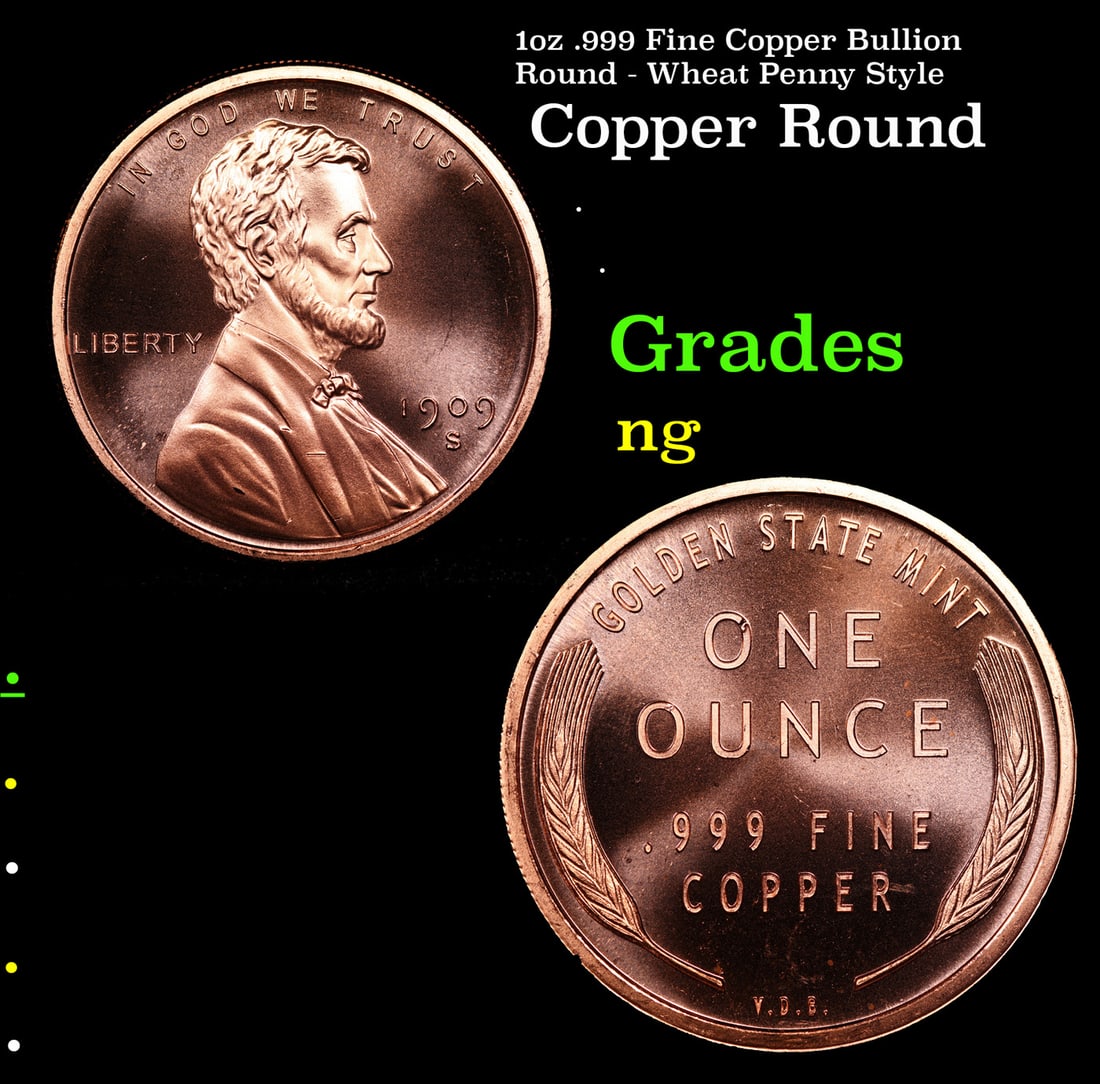 1oz .999 Fine Copper Bullion Round - Wheat Penny Style: 1oz .999 Fine Copper Bullion Round - Wheat Penny Style.