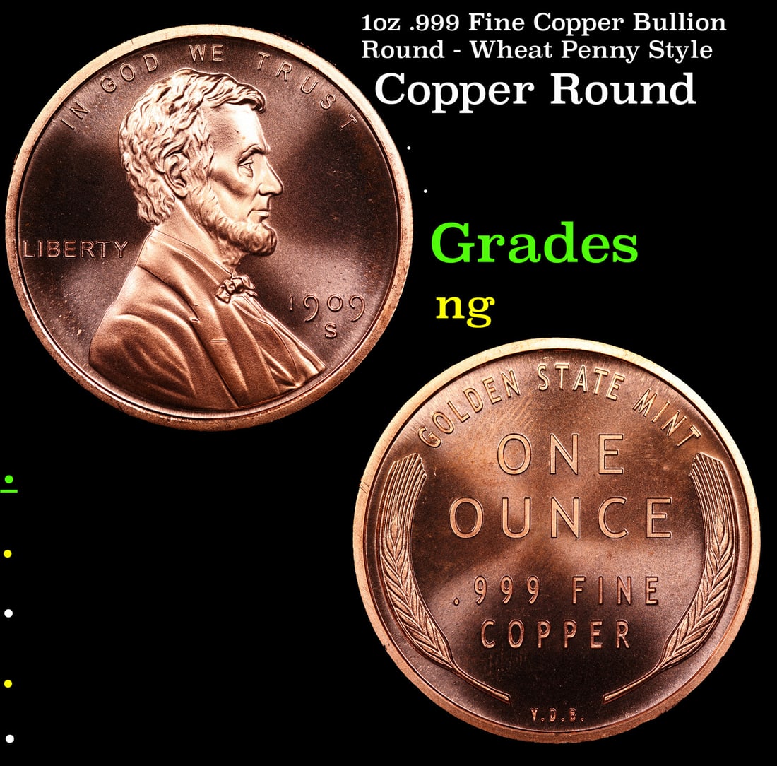 1oz .999 Fine Copper Bullion Round - Wheat Penny Style: 1oz .999 Fine Copper Bullion Round - Wheat Penny Style.