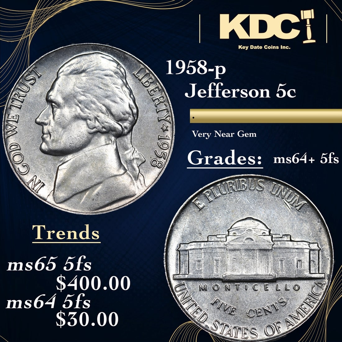 1958-p Jefferson Nickel 5c Grades Choice Unc+ 5fs (1 of 3)