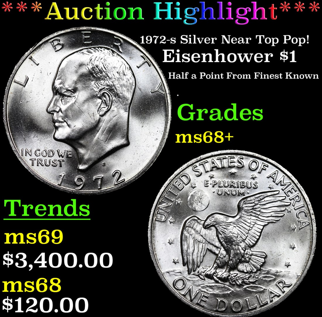 ***Auction Highlight*** 1972-s Silver Eisenhower Dollar Near Top Pop! $1 Gem++ Unc USCG (fc) (1 of 3)