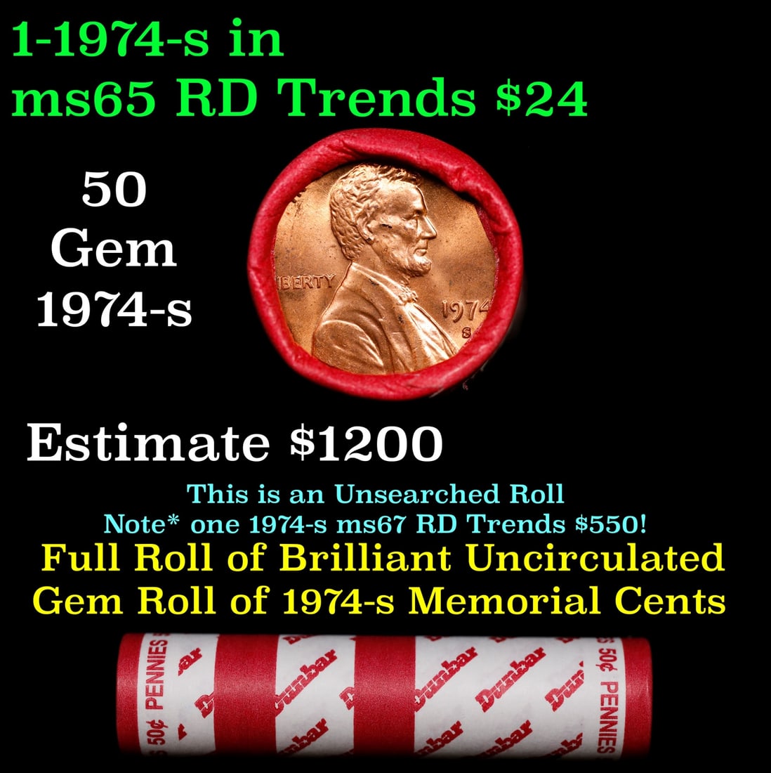 BU Shotgun Lincoln 1c roll, 1974-s 50 pcs Dunbar Wrapper 50c: BU Shotgun Lincoln 1c roll, 1974-s 50 pcs Dunbar Wrapper 50c. A terrific Shotgun roll of Lincoln cents in a Dunbar wrapper. Most if not all coins should be cherry red.