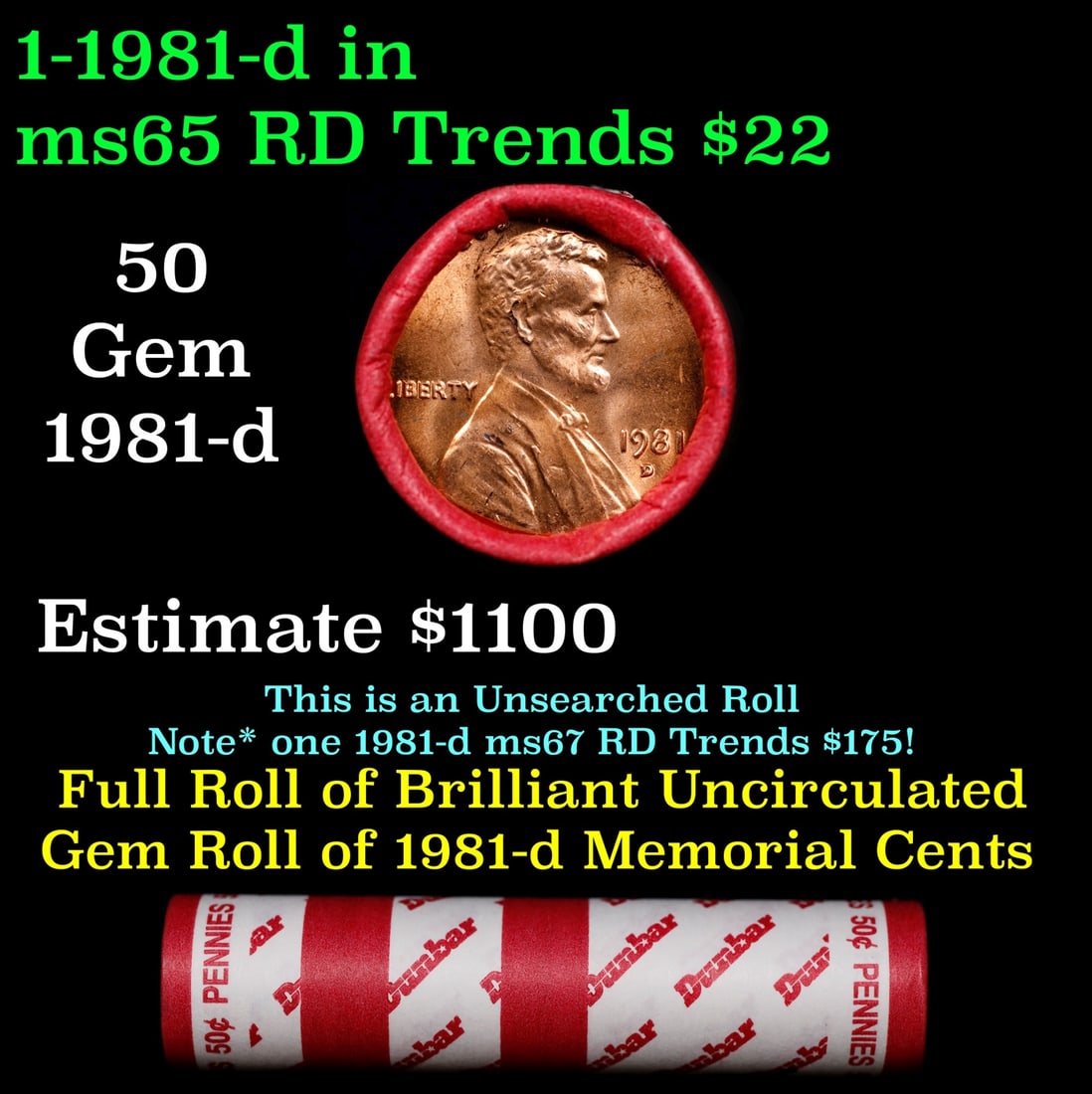 BU Shotgun Lincoln 1c roll, 1981-d 50 pcs Dunbar Wrapper 50c: BU Shotgun Lincoln 1c roll, 1981-d 50 pcs Dunbar Wrapper 50c. A terrific Shotgun roll of Lincoln cents in a Dunbar wrapper. Most if not all coins should be cherry red.