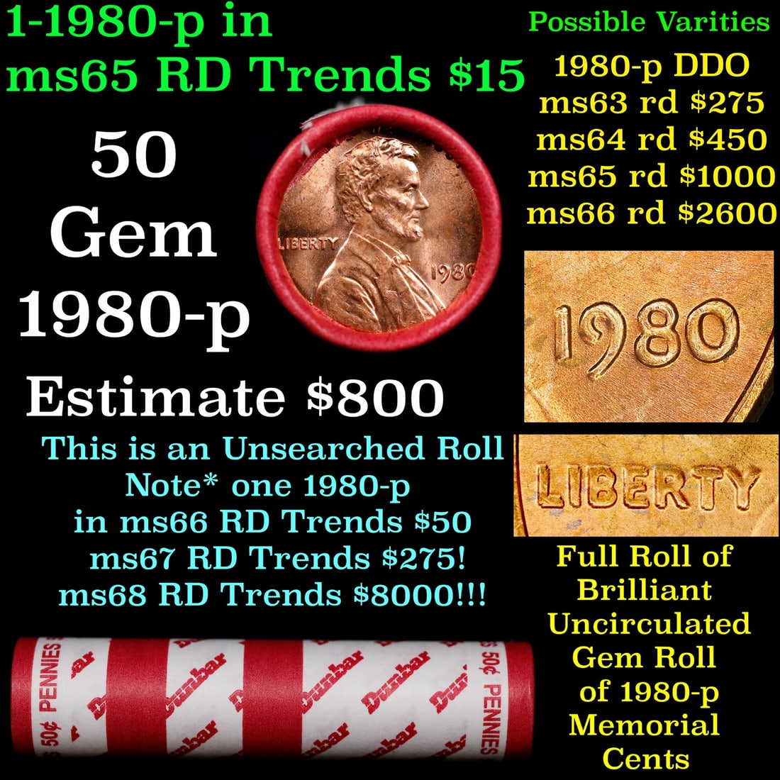 BU Shotgun Lincoln 1c roll, 1980-p 50 pcs Dunbar Wrapper 50c: BU Shotgun Lincoln 1c roll, 1980-p 50 pcs Dunbar Wrapper 50c. A terrific Shotgun roll of Lincoln cents in a Dunbar wrapper. Most if not all coins should be cherry red.