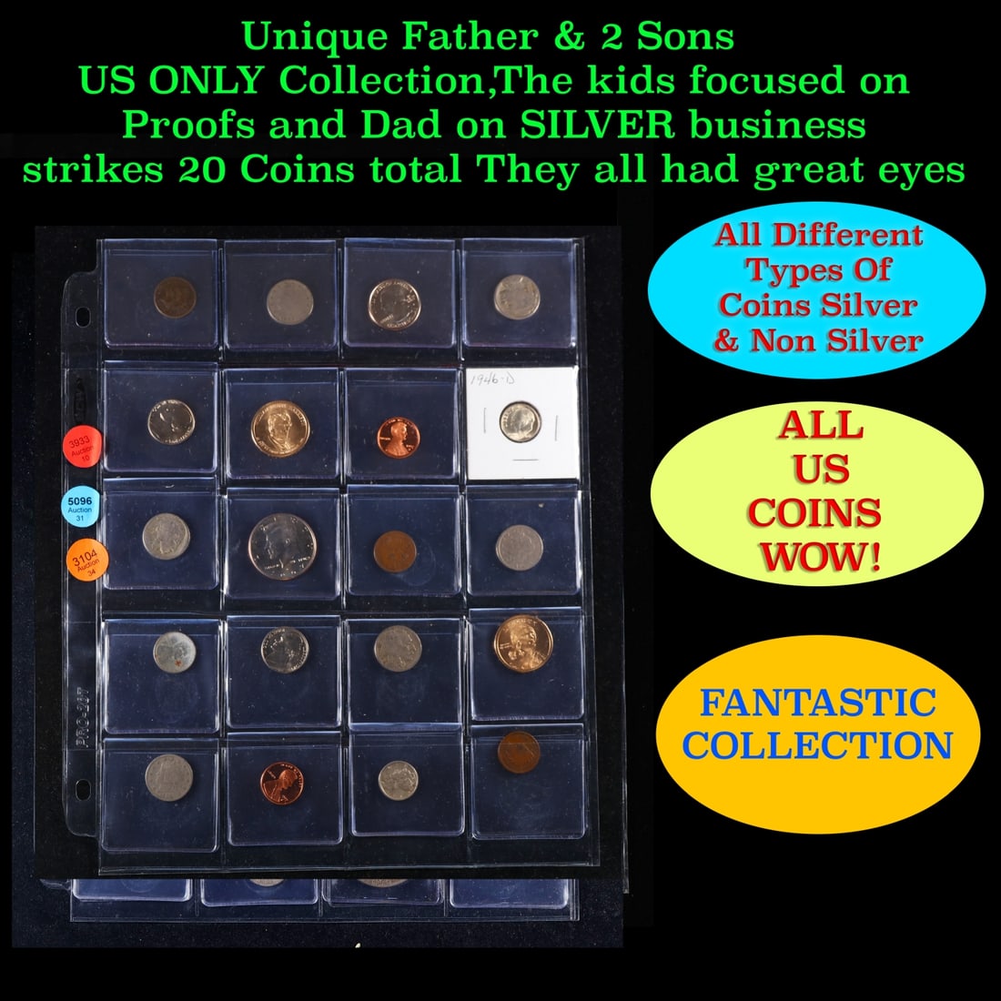 Unique Father & 2 Sons US ONLY Collection,The kids focused on Proofs and Dad on SILVER business: Unique Father & 2 Sons US ONLY Collection,The kids focused on Proofs and Dad on SILVER business strikes 20 Coins total They all had great eyes. We have received a huge collection of over 10 thousand U