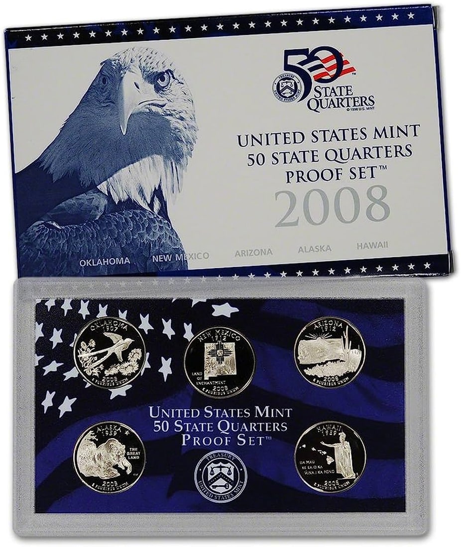 2008 United States Mint Proof Quarters Set - 5 Pieces: 2008 United States Mint Proof Quarters Set - 5 Pieces. Like all other sets for 2008, the quarters are also expensive, sought after and hard to find. They quarters also had a lower mintage and sold out