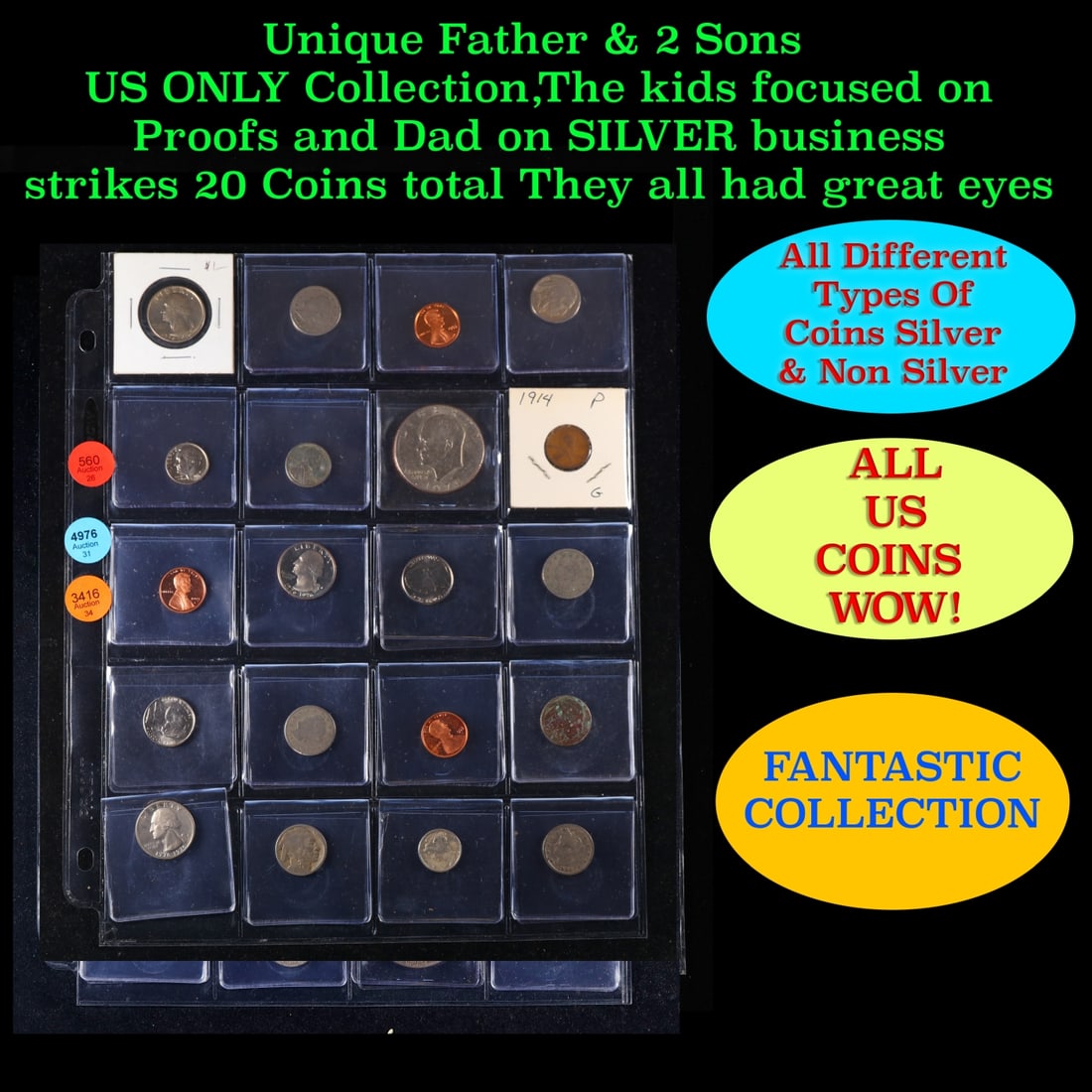 Unique Father & 2 Sons US ONLY Collection,The kids focused on Proofs and Dad on SILVER business: Unique Father & 2 Sons US ONLY Collection,The kids focused on Proofs and Dad on SILVER business strikes 20 Coins total They all had great eyes. We have received a huge collection of over 10 thousand U