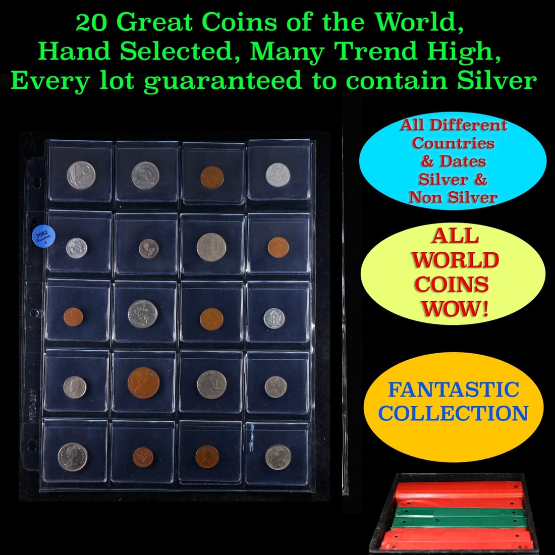20 Great Coins of the World, hand selected, many trend high, every lot guaranteed to contain Silver.: 20 Great Coins of the World, hand selected, many trend high, every lot guaranteed to contain Silver.. We have received a huge collection of over 10 thousand US coins in flips, 2x2 holders, and 20 coin