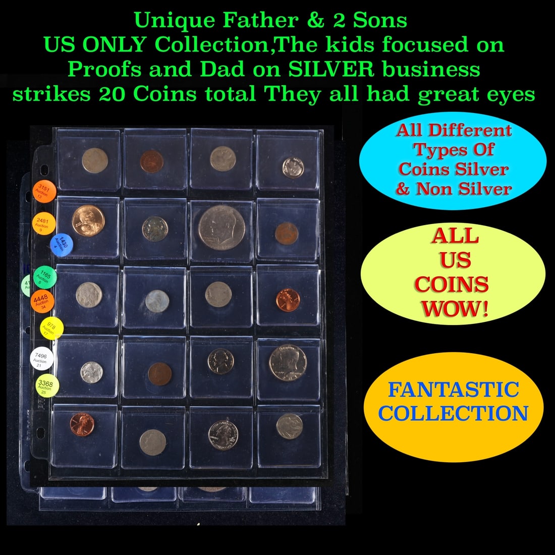 Unique Father & 2 Sons US ONLY Collection,The kids focused on Proofs and Dad on SILVER business: Unique Father & 2 Sons US ONLY Collection,The kids focused on Proofs and Dad on SILVER business strikes 20 Coins total They all had great eyes. We have received a huge collection of over 10 thousand U