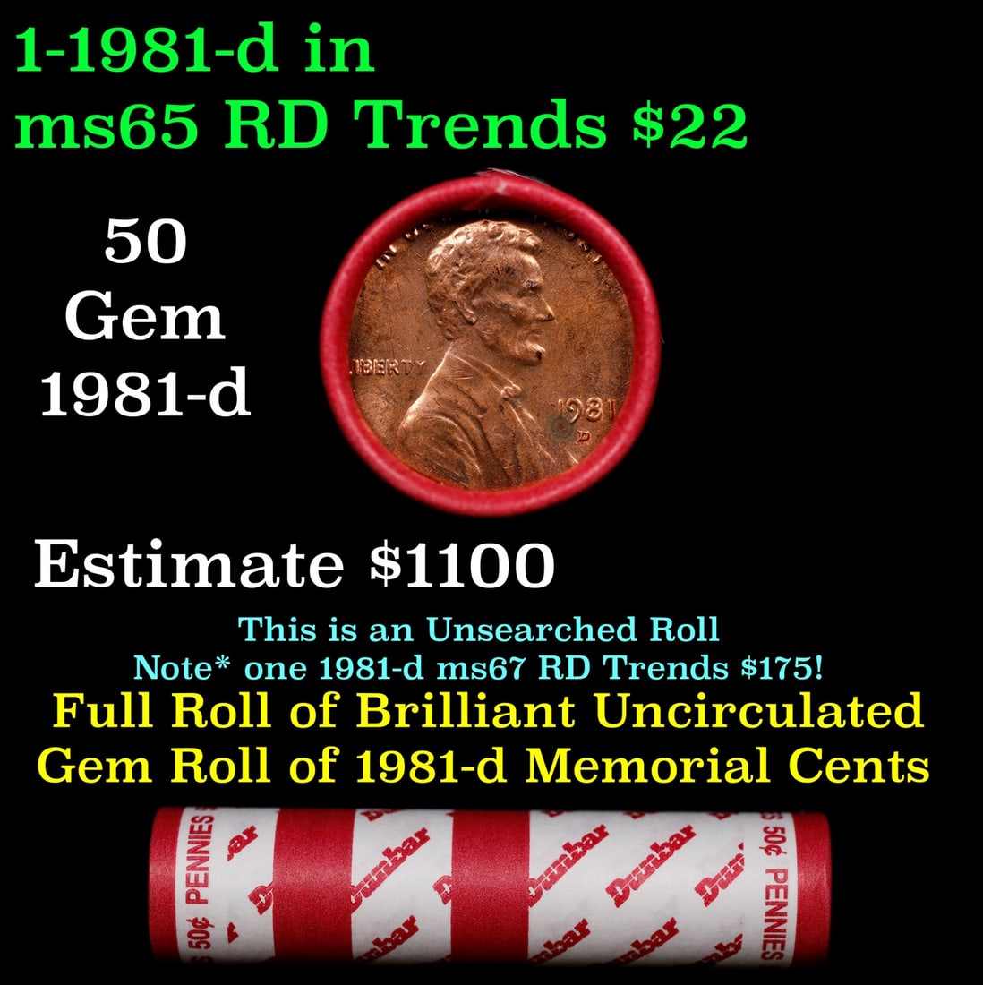 BU Shotgun Lincoln 1c roll, 1981-d 50 pcs Dunbar Wrapper 50c: BU Shotgun Lincoln 1c roll, 1981-d 50 pcs Dunbar Wrapper 50c. A terrific Shotgun roll of Lincoln cents in a Dunbar wrapper. Most if not all coins should be cherry red.