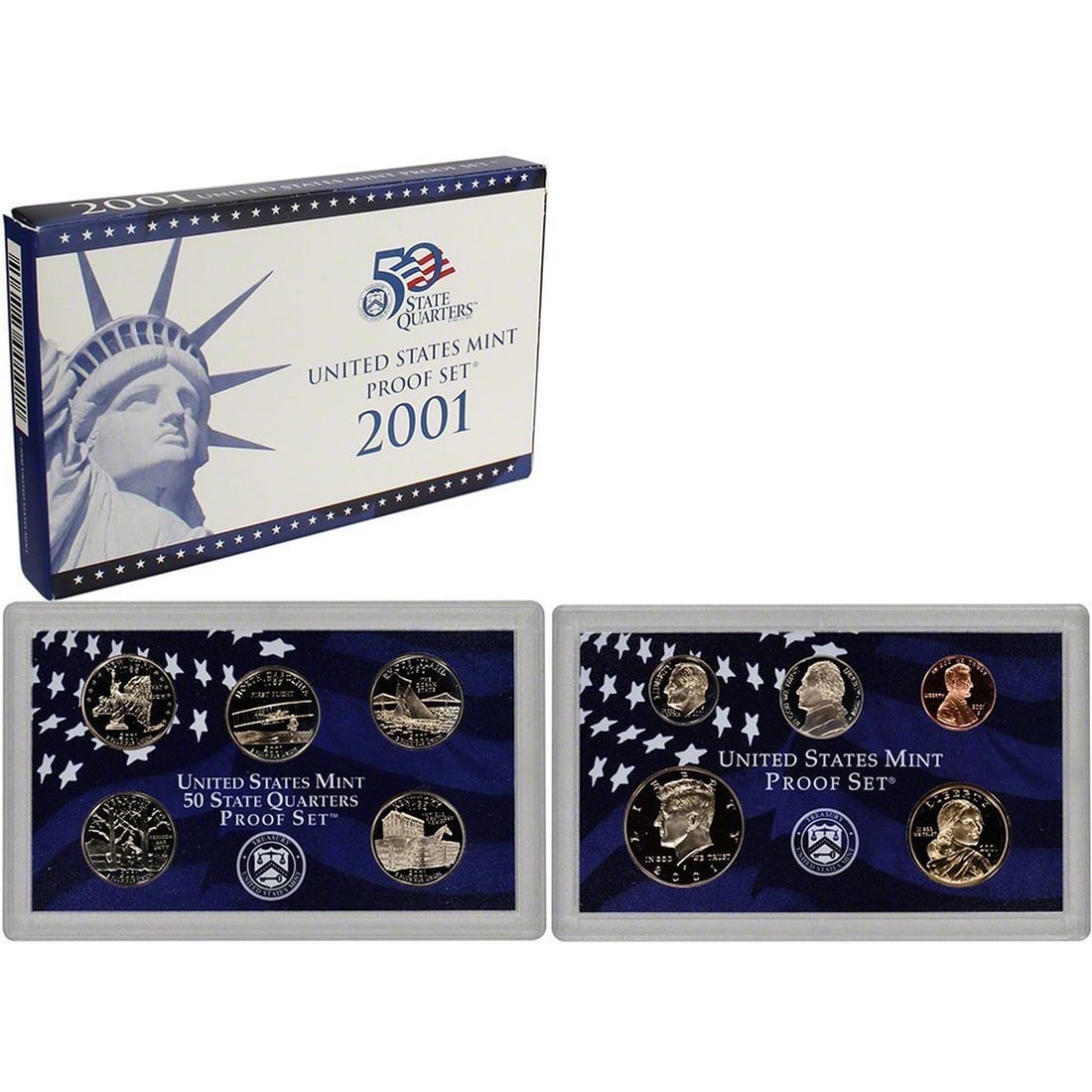 2001 United States Mint Proof Set 10 coins: 2001 United States Mint Proof Set 10 coins. The Set contains 5 Proof State Quarters, a Proof Half Dollar, a Proof Dime, as well as 3 additional Proof coins Including the Sacagawea Proof Dollar coin. C