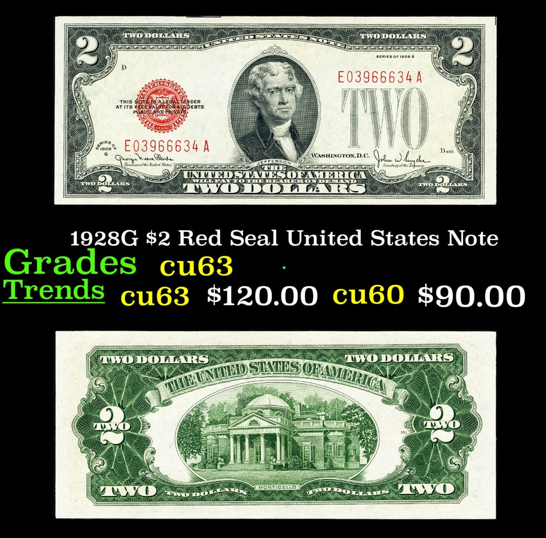 1928G $2 Red Seal United States Note Grades Select CU (1 of 3)