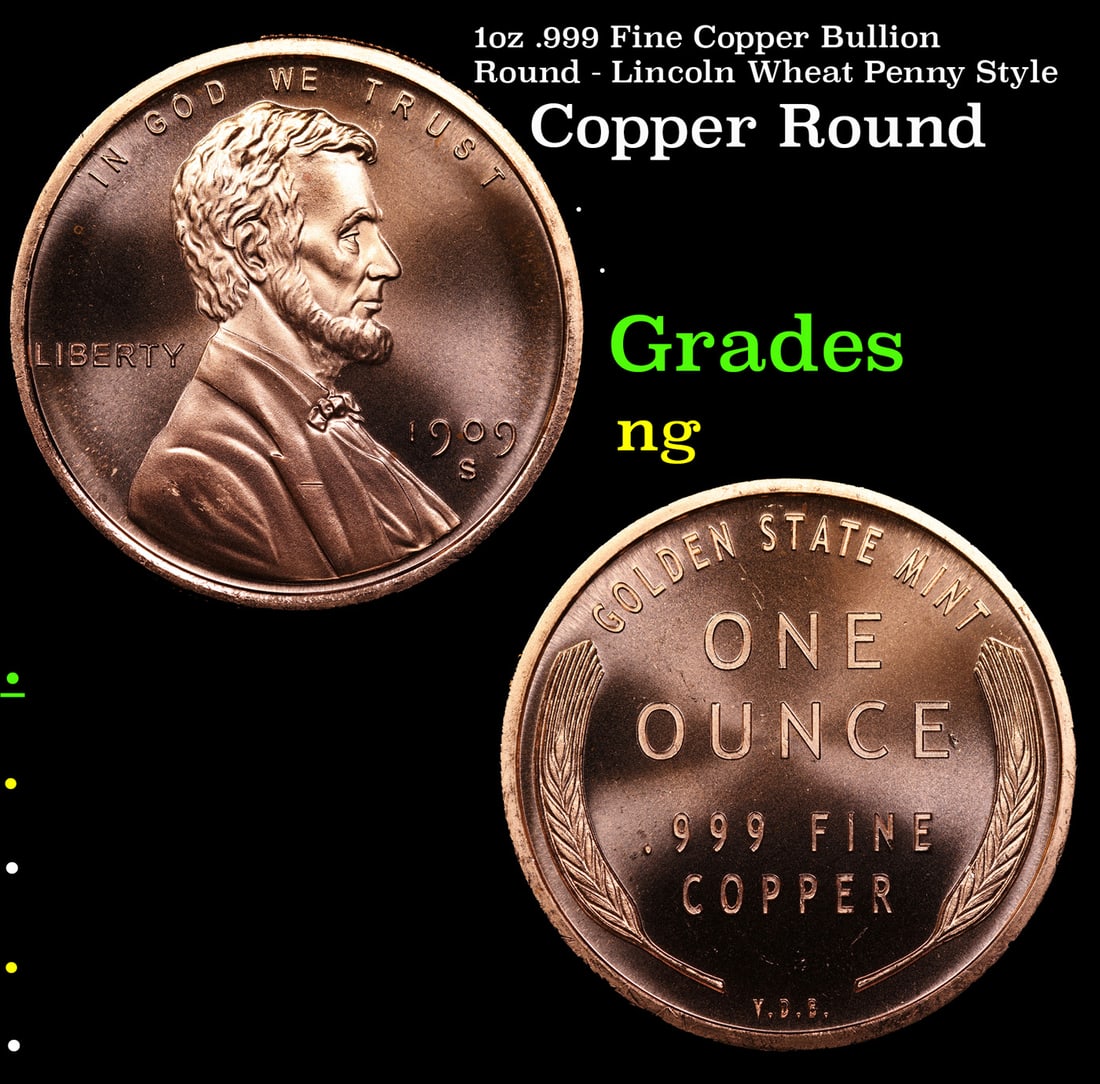 1oz .999 Fine Copper Bullion Round - Lincoln Wheat Penny Style: 1oz .999 Fine Copper Bullion Round - Lincoln Wheat Penny Style.