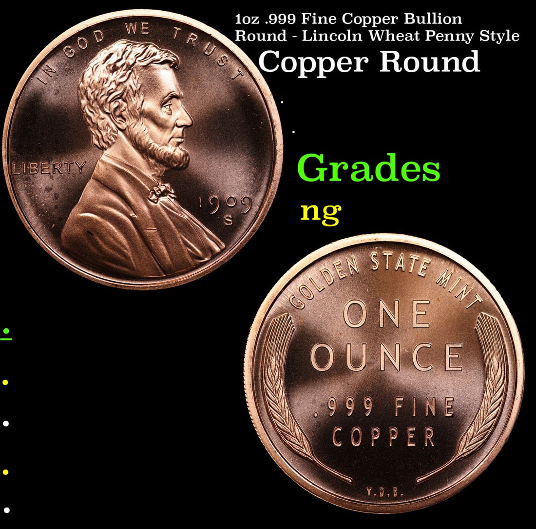 1oz .999 Fine Copper Bullion Round - Lincoln Wheat Penny Style: 1oz .999 Fine Copper Bullion Round - Lincoln Wheat Penny Style.