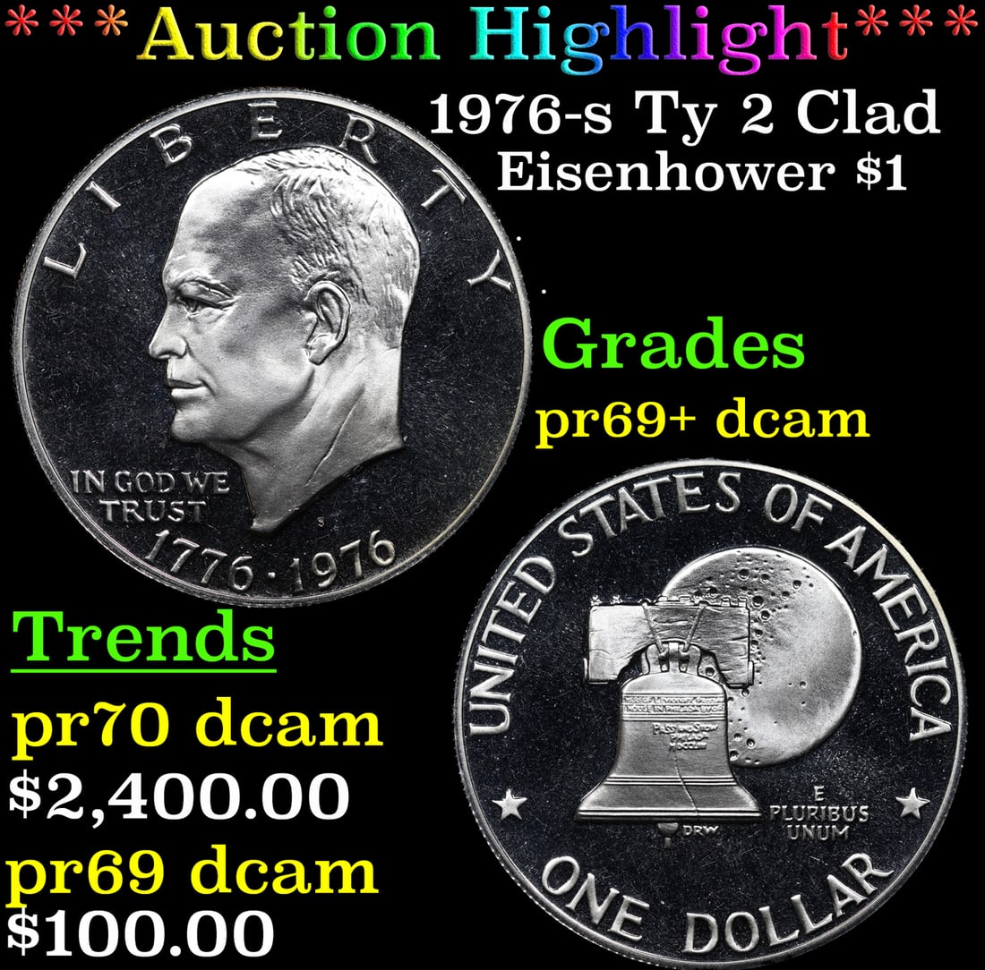 ***Auction Highlight*** 1976-s Ty 2 Clad Proof Eisenhower Dollar $1 Grades GEM++ Proof Deep Cameo (1 of 3)