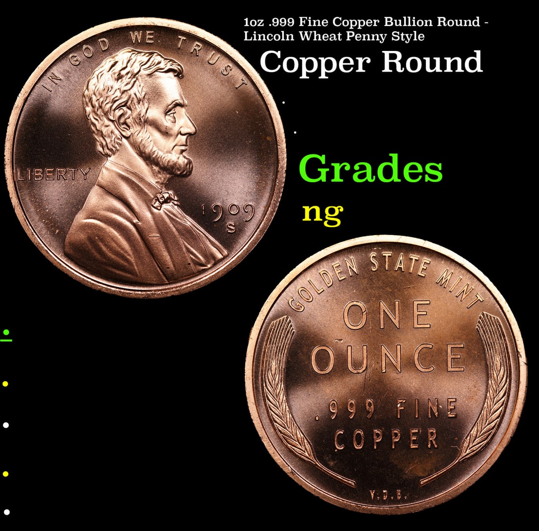 1oz .999 Fine Copper Bullion Round - Lincoln Wheat Penny Style: 1oz .999 Fine Copper Bullion Round - Lincoln Wheat Penny Style.