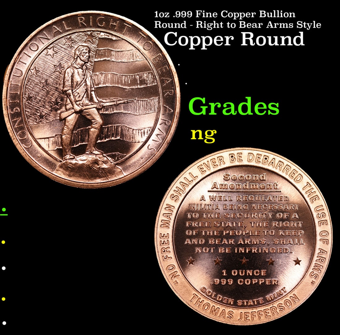 1oz .999 Fine Copper Bullion Round - Right to Bear Arms Style (1 of 3)