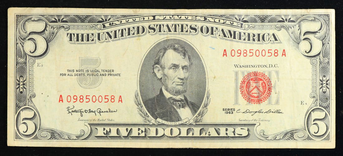 1963 $5 Red Seal United States Note Grades vf++: 1963 $5 Red Seal United States Note Grades vf++. Fr-1536 Each 1963 five dollar red seal bill has serial number written in red ink. There is a red seal on the right hand side of the bill. All 1963 red