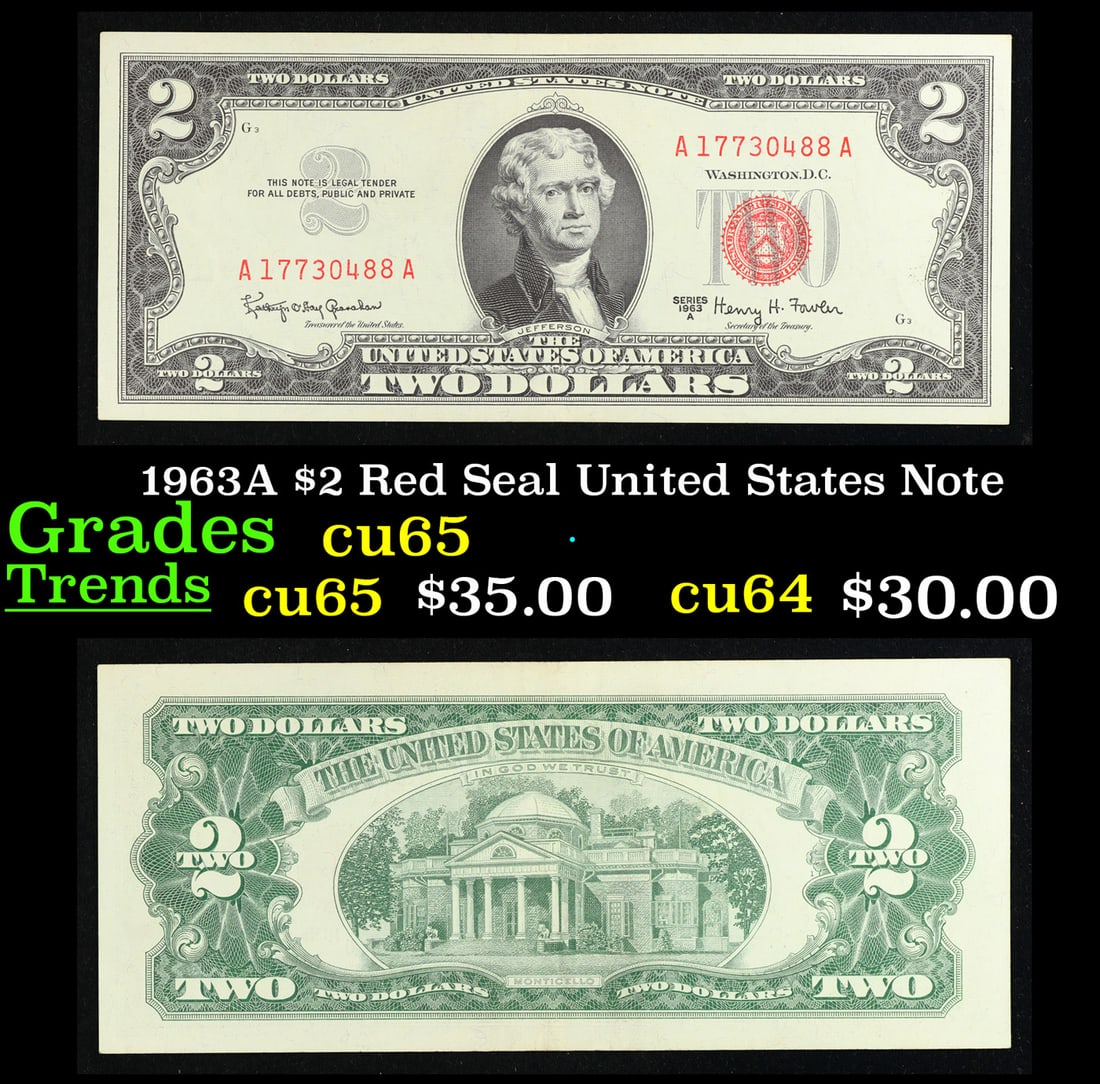 1963A $2 Red Seal United States Note Grades Gem CU (1 of 3)