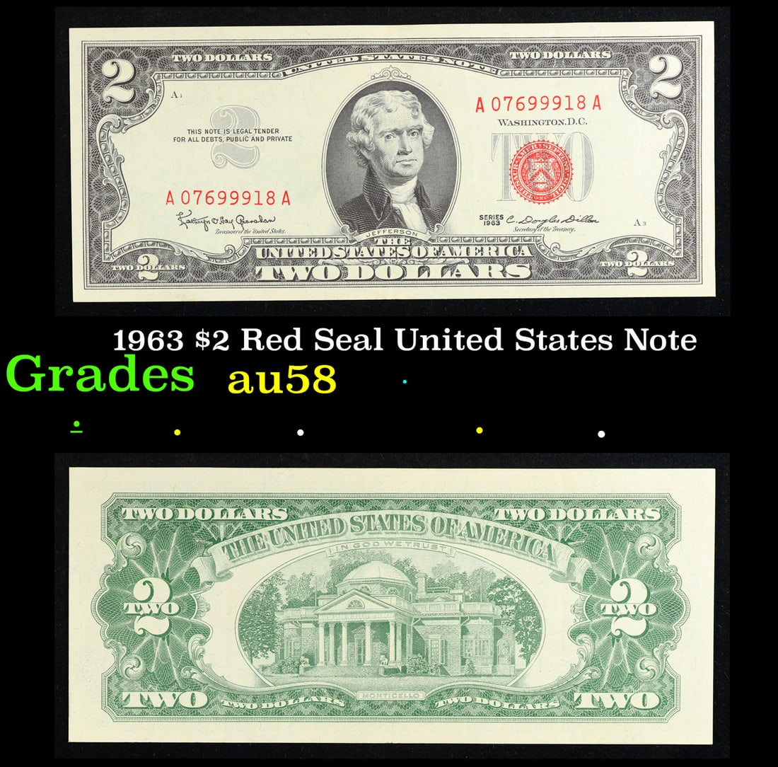 1963 $2 Red Seal United States Note Grades Choice AU/BU Slider: 1963 $2 Red Seal United States Note Grades Choice AU/BU Slider. 1963 Legal Tender (United States Note). 1963 marks the last year that red seals were printed on two dollar bills. This is also the last