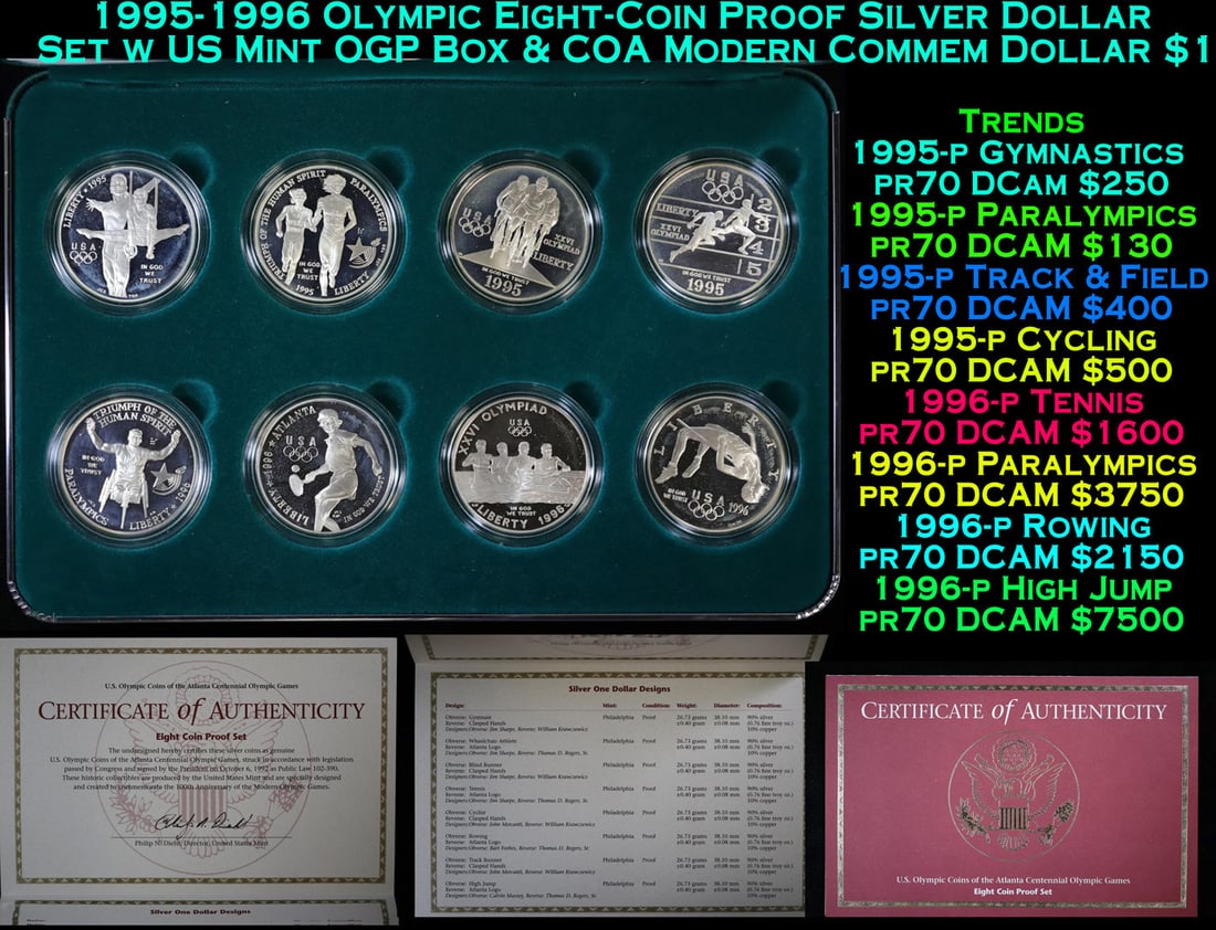 1995-1996 Olympic Eight-Coin Proof Silver Dollar Set w US Mint OGP Box & COA Modern Commem Dollar $1 (1 of 6)