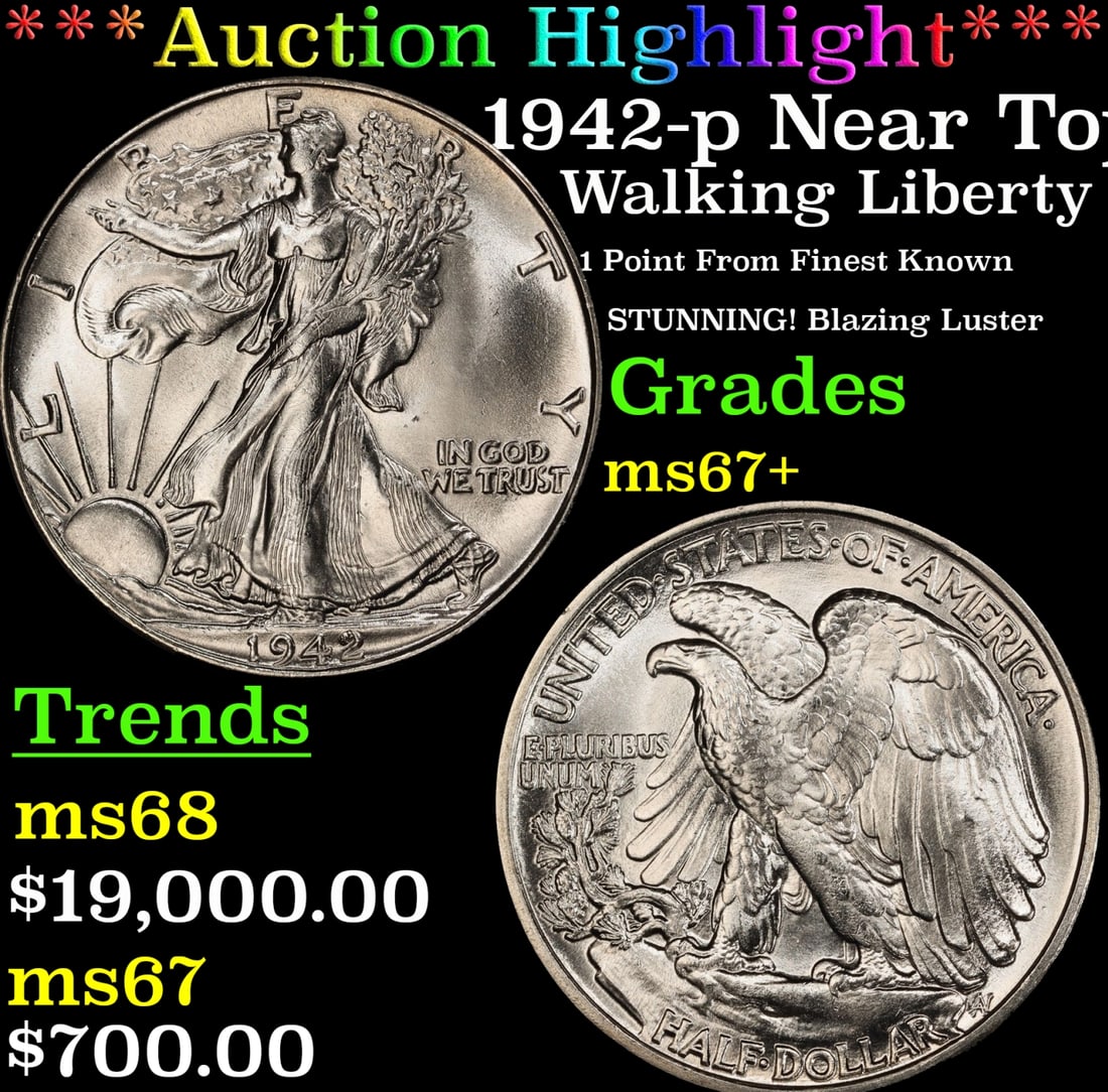 ***Major Highlight*** 1942-p Walking Liberty Half Dollar Near Top Pop! 50c ms67+ SEGS (fc): ***Major Highlight*** 1942-p Near Top Pop! Walking Liberty Half Dollar 50c ms67+ SEGS. A Key Date's Pick, Bid to Win, Don't let it get Away Coin