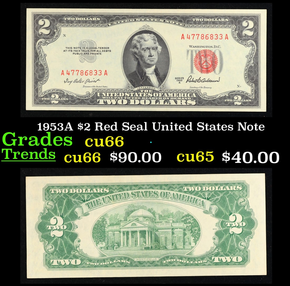 1953A $2 Red Seal United States Note Grades Gem+ CU: 1953A $2 Red Seal United States Note Grades Gem+ CU. 1953 red print two dollar bills can be broke up into four different types by signature combination; 1953 – Ivy Baker Priest (Treasurer of The Uni