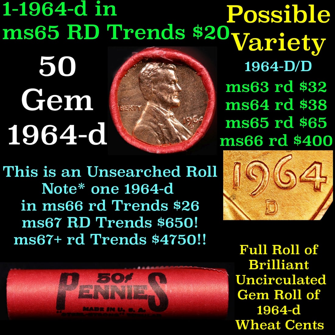 BU Shotgun Lincoln 1c roll, 1982-p 50 pcs Bank Wrapper 50c: BU Shotgun Lincoln 1c roll, 1982-p 50 pcs Bank Wrapper 50c. A terrific Shotgun roll of Lincoln cents in a Bank wrapper. Most if not all coins should be cherry red.