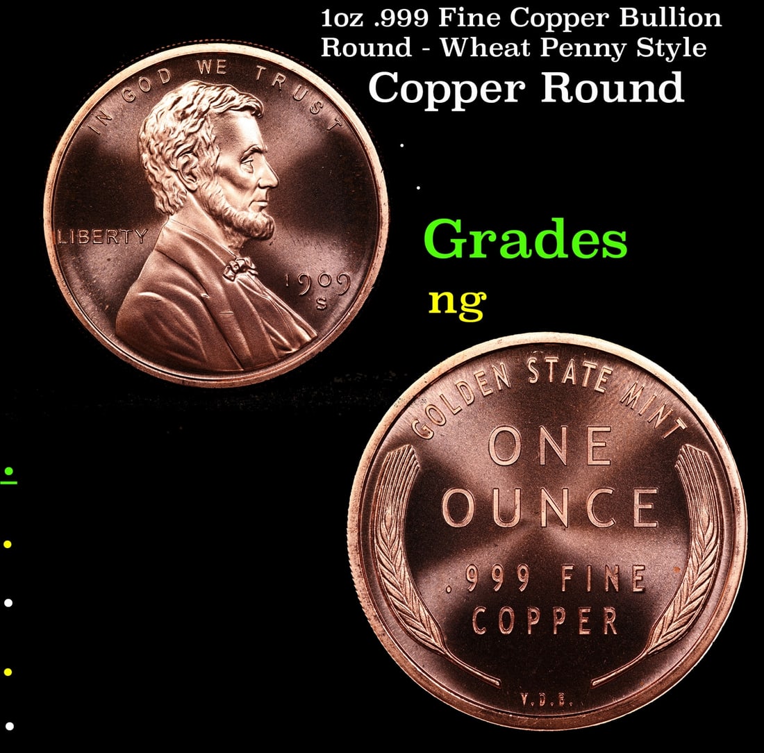 1oz .999 Fine Copper Bullion Round - Wheat Penny Style: 1oz .999 Fine Copper Bullion Round - Wheat Penny Style.