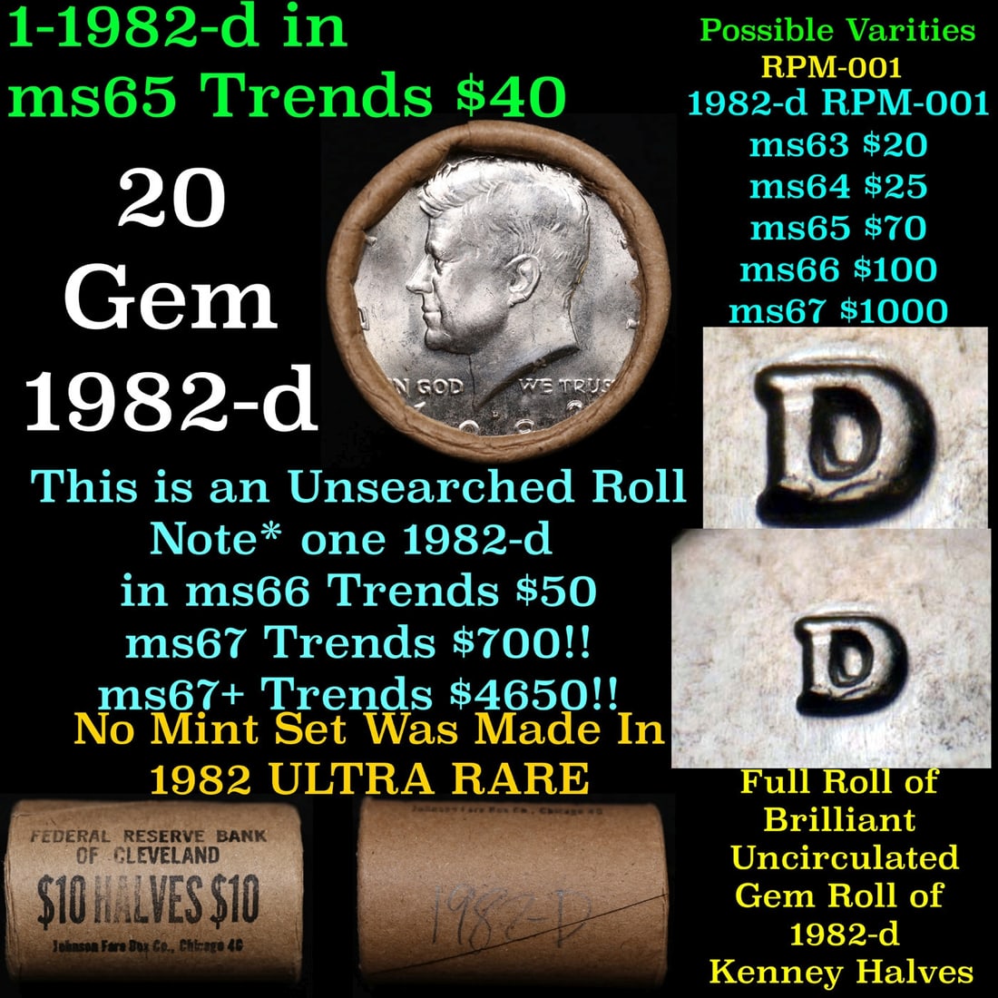 BU Shotgun Kennedy 50c roll, 1982-d 20 pcs Federal Reserve Bank of Minneapolis Wrapper $10: BU Shotgun Kennedy 50c roll, 1982-d 20 pcs Federal Reserve Bank of Minneapolis Wrapper $10.
