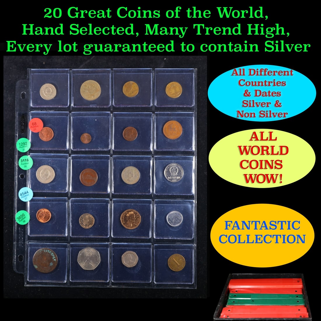 20 Great Coins of the World, hand selected, many trend high, every lot guaranteed to contain Silver.: 20 Great Coins of the World, hand selected, many trend high, every lot guaranteed to contain Silver.. We have received a huge collection of over 10 thousand US coins in flips, 2x2 holders, and 20 coin