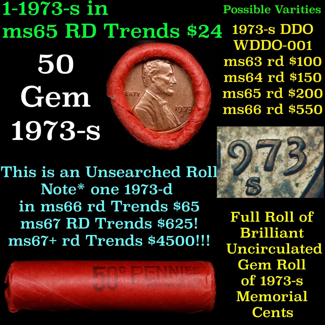 BU Shotgun Lincoln 1c roll, 1973-s 50 pcs Bank Wrapper 50c: BU Shotgun Lincoln 1c roll, 1973-s 50 pcs Bank Wrapper 50c. A terrific Shotgun roll of Lincoln cents in a Bank wrapper. Most if not all coins should be cherry red.