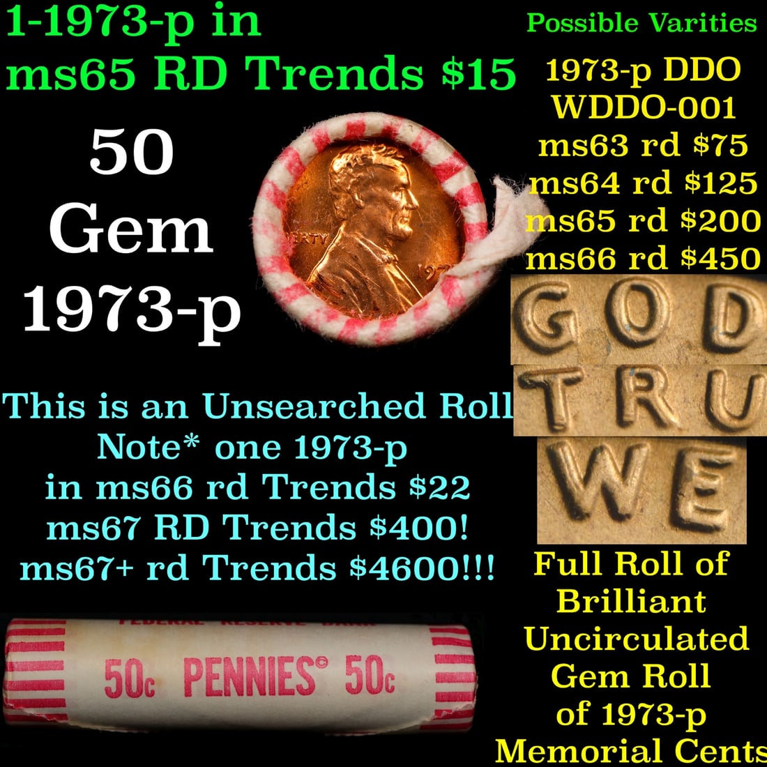 BU Shotgun Lincoln 1c roll, 1973-p 50 pcs Bank Wrapper 50c: BU Shotgun Lincoln 1c roll, 1973-p 50 pcs Bank Wrapper 50c. A terrific Shotgun roll of Lincoln cents in a Bank wrapper. Most if not all coins should be cherry red.