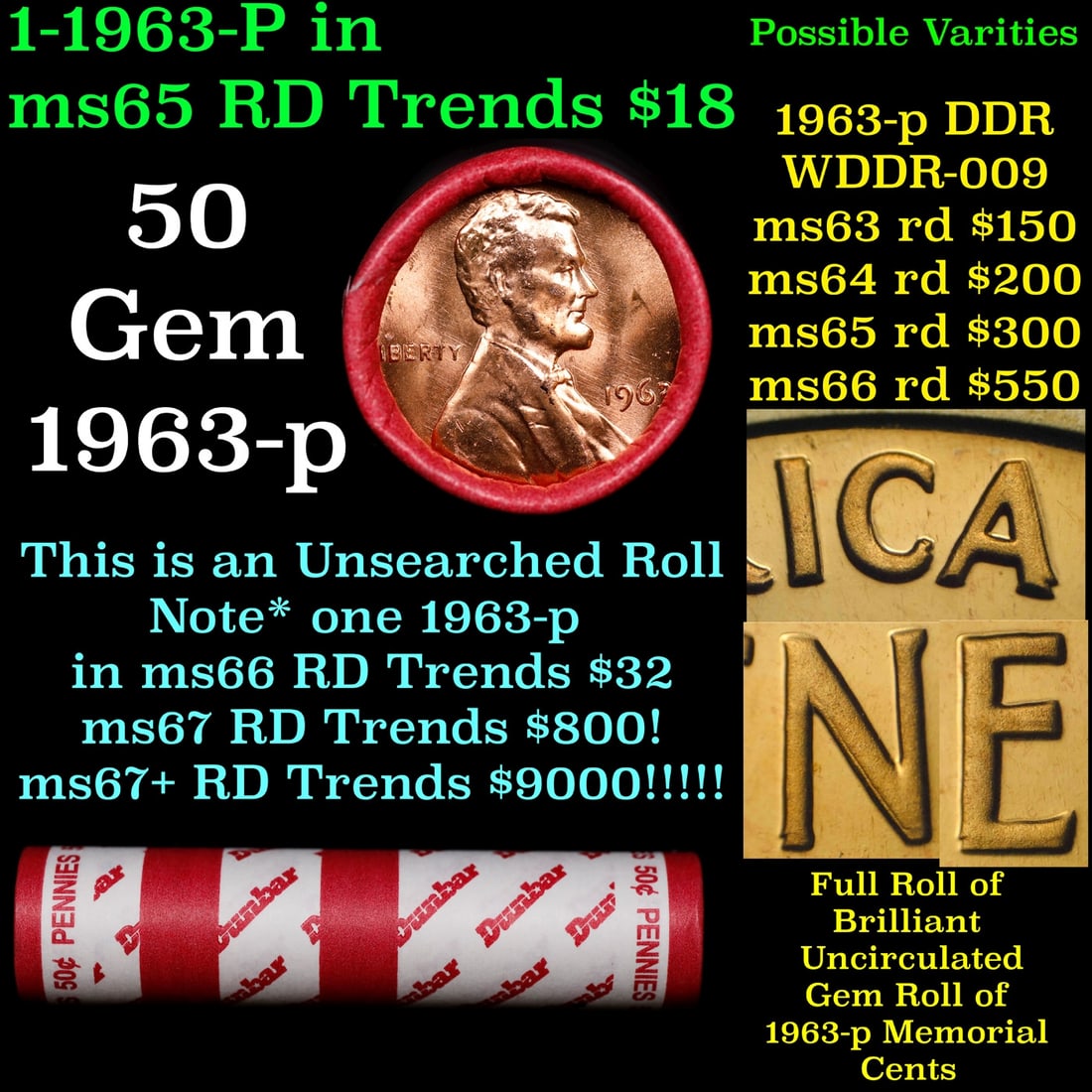 BU Shotgun Lincoln 1c roll, 1963-p 50 pcs Dunbar Wrapper 50c: BU Shotgun Lincoln 1c roll, 1963-p 50 pcs Dunbar Wrapper 50c. A terrific Shotgun roll of Lincoln cents in a Dunbar wrapper. Most if not all coins should be cherry red.