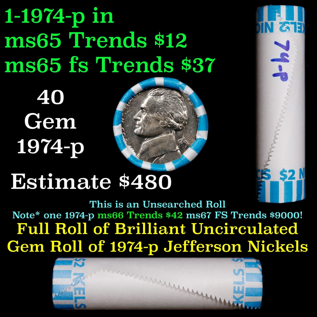 BU Shotgun Jefferson 5c roll, 1979-p 40 pcs Bank $2 Nickel Wrapper: BU Shotgun Jefferson 5c roll, 1979-p 40 pcs Bank $2 Nickel Wrapper.