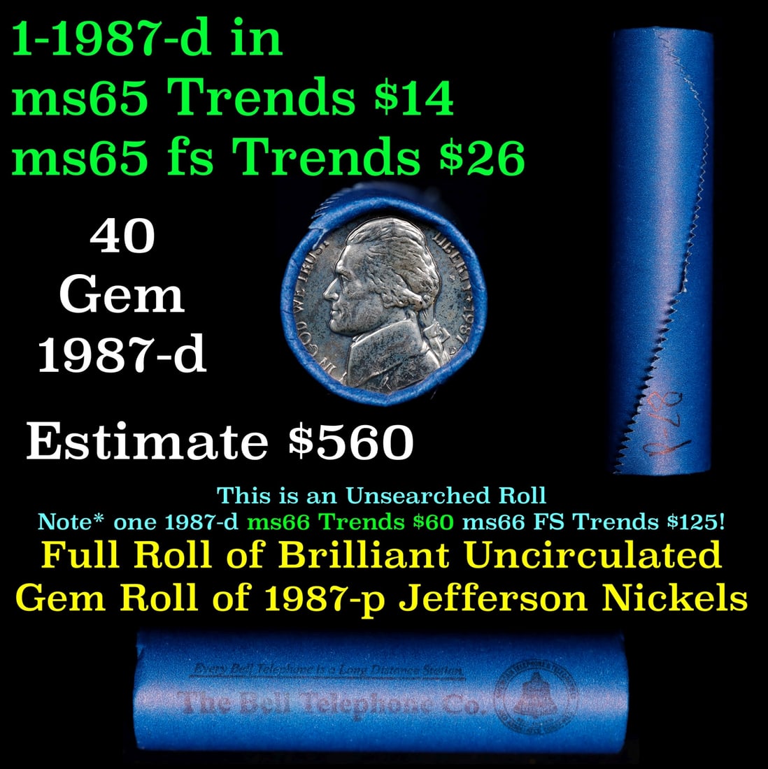 BU Shotgun Jefferson 5c roll, 1987-d 40 pcs Bell Telephone Company $2 Nickel Wrapper: BU Shotgun Jefferson 5c roll, 1987-d 40 pcs Bell Telephone Company $2 Nickel Wrapper.