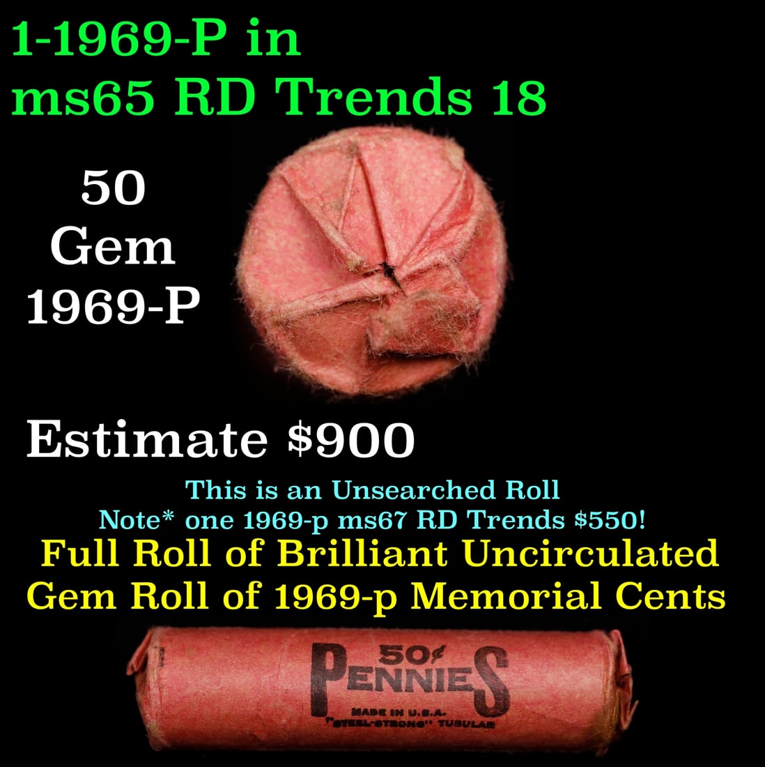 BU Shotgun Lincoln 1c roll, 1969-p 50 pcs Bank Wrapper 50c (1 of 3)