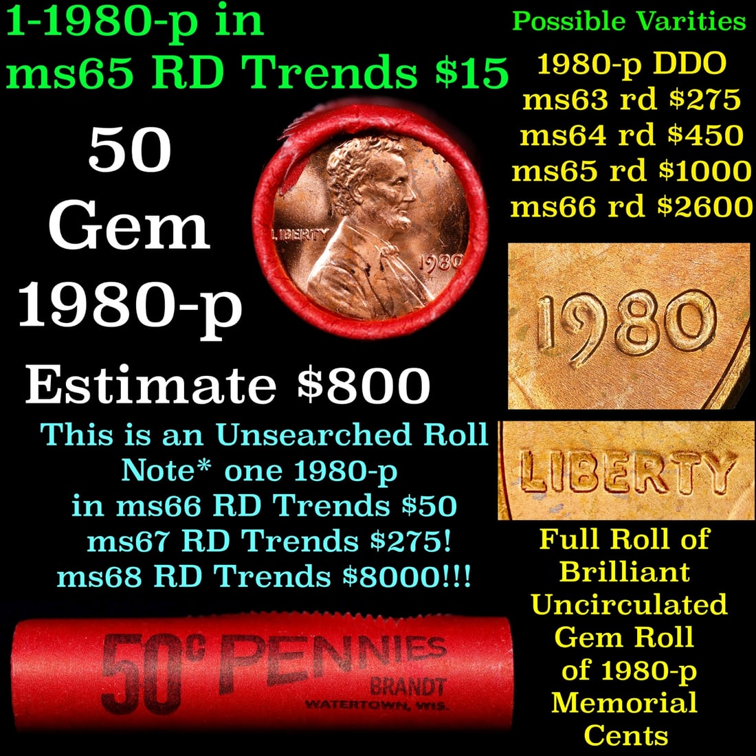 BU Shotgun Lincoln 1c roll, 1980-p 50 pcs Brandt Wrapper 50c: BU Shotgun Lincoln 1c roll, 1980-p 50 pcs Brandt Wrapper 50c. A terrific Shotgun roll of Lincoln cents in a Brandt wrapper. Most if not all coins should be cherry red.