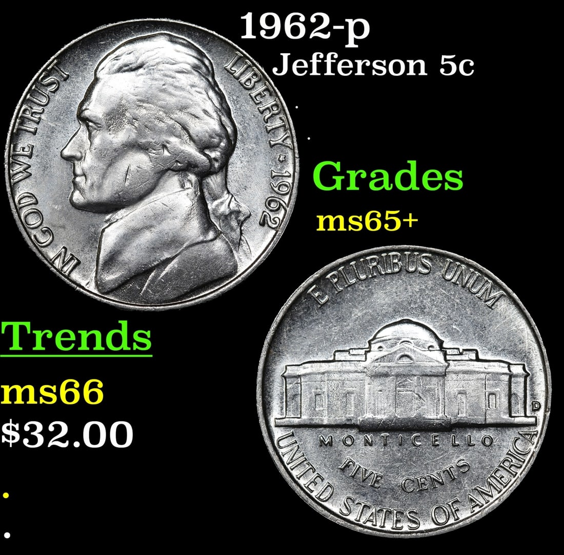 1962-p Jefferson Nickel 5c Grades GEM+ Unc: 1962-p Jefferson Nickel 5c Grades GEM+ Unc.