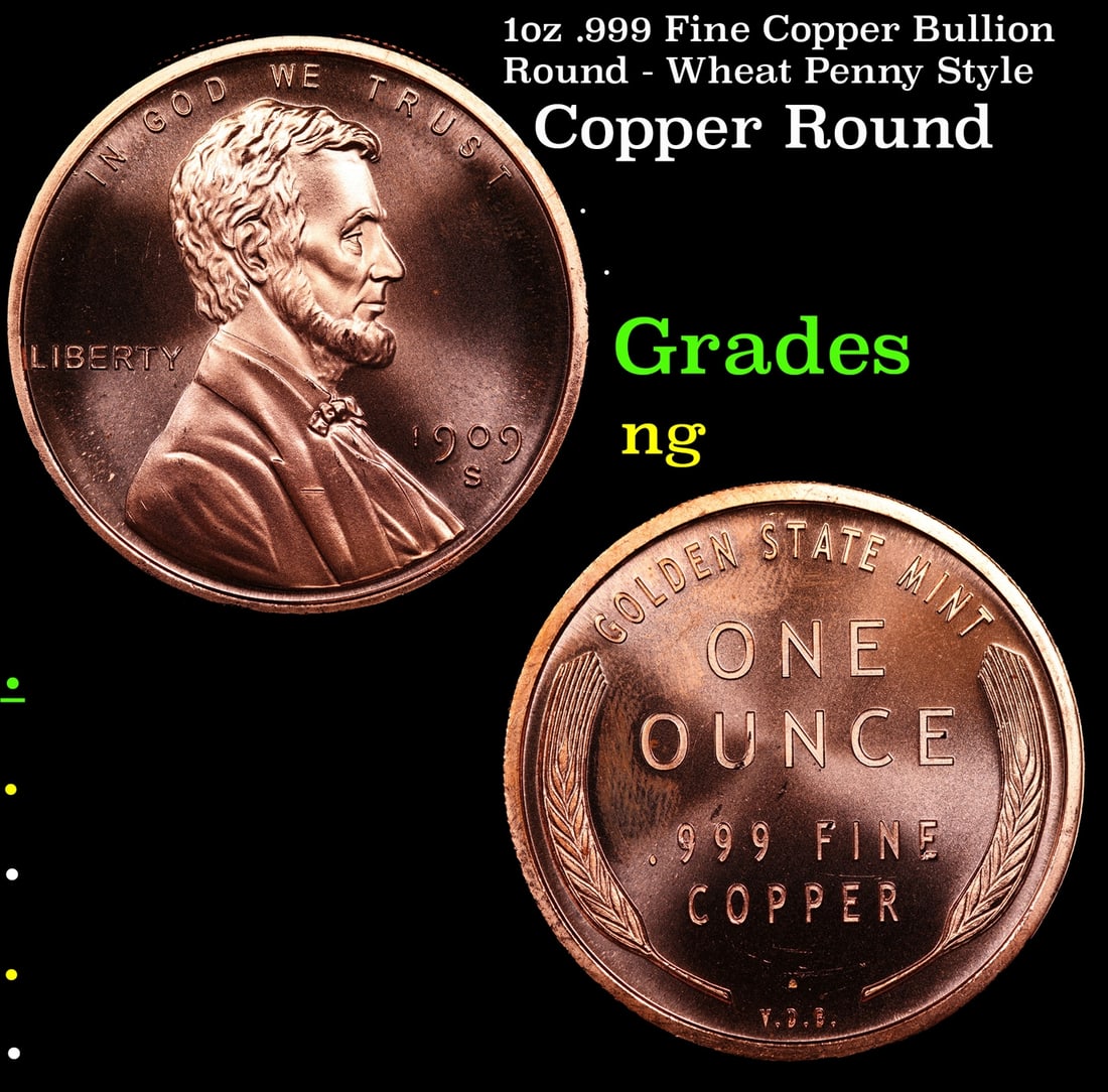 1oz .999 Fine Copper Bullion Round - Wheat Penny Style: 1oz .999 Fine Copper Bullion Round - Wheat Penny Style.
