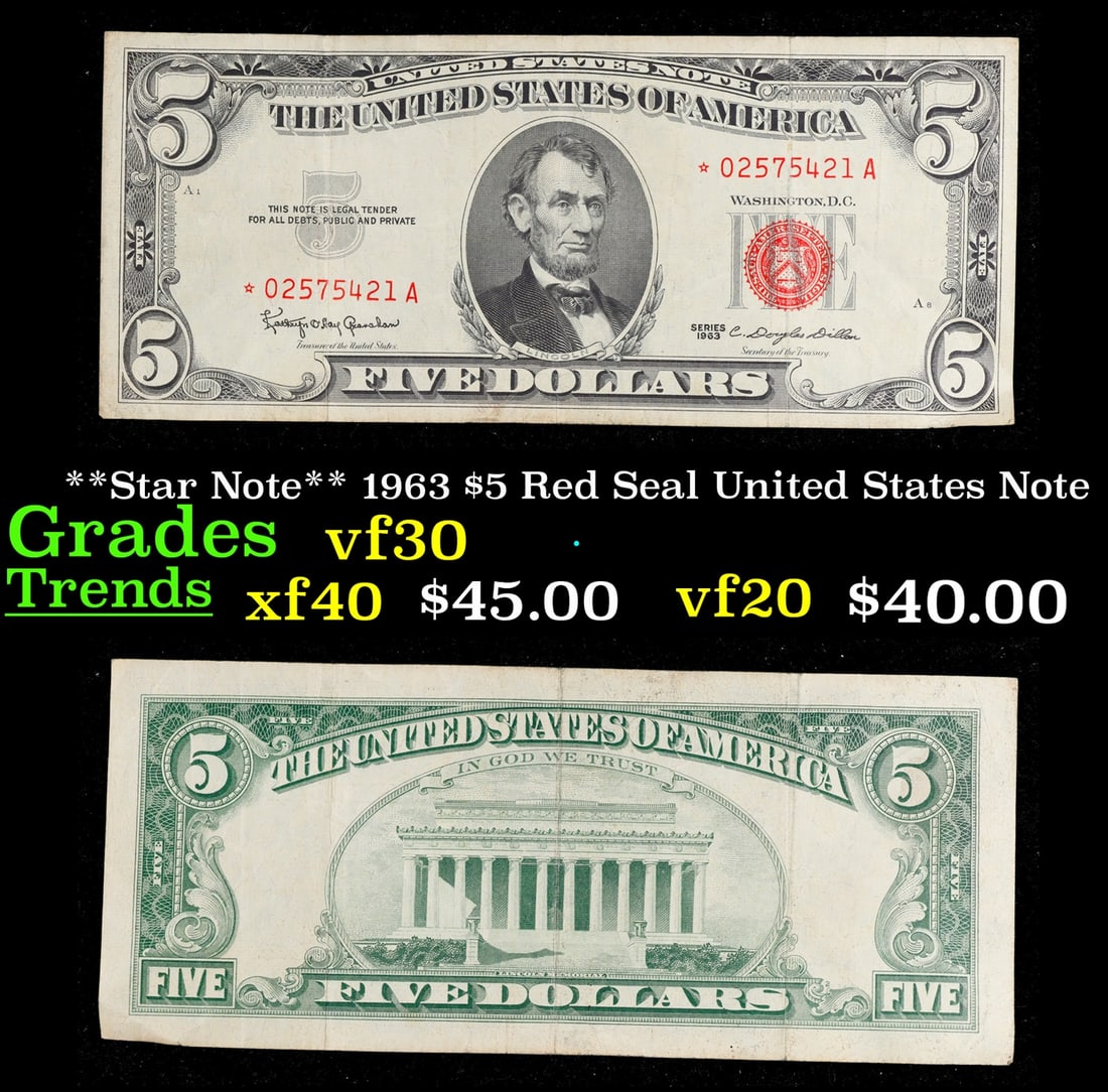 **Star Note** 1963 $5 Red Seal United States Note Grades vf++ (1 of 3)